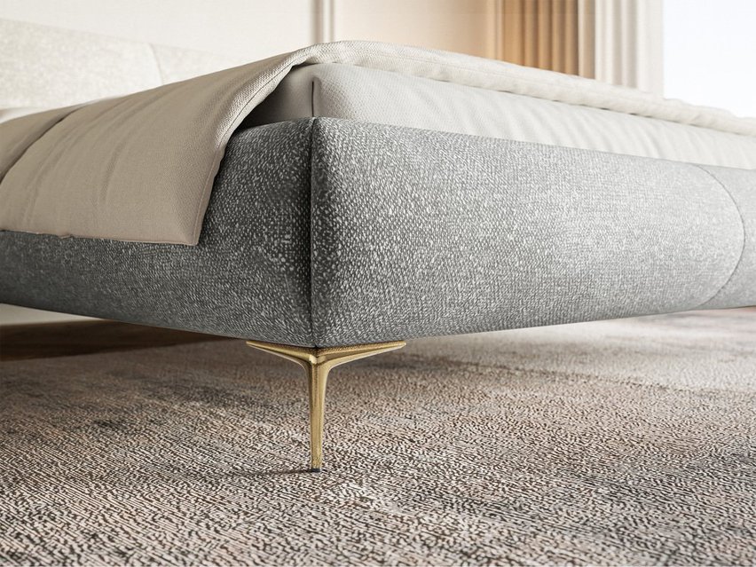 Upholstered bed 140x200 cm Ovalle with storage, metal frame, gray chenille, gold legs