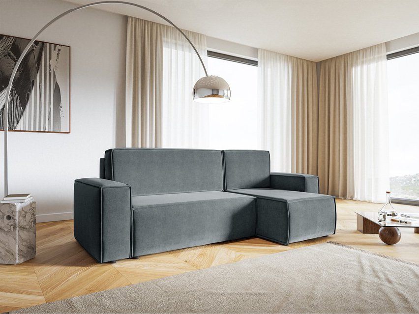 Copertino L-shaped corner sofa with sleeping function with storage, universal, grey, hydrophobic velvet