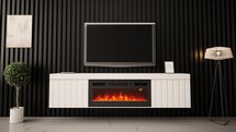 Kalva TV cabinet 180 cm with electric fireplace, white gloss, lamellas