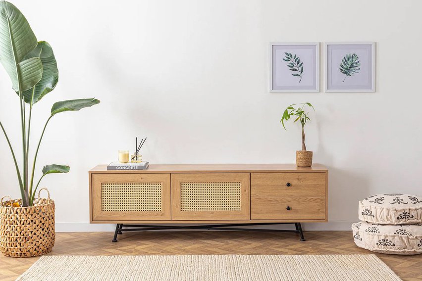 Crattale TV cabinet 180 cm with a natural rattan front