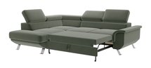 Carenero L-shaped corner sofa with sleeping function with container and adjustable headrests, olive velour, hydrophobic, left-sided