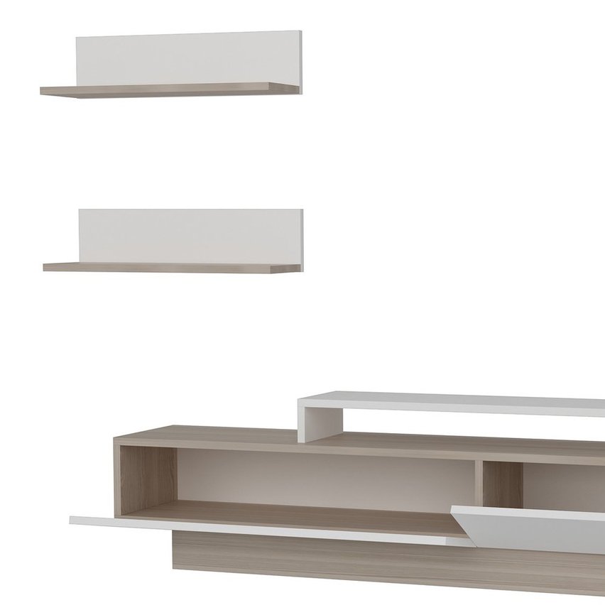 Solenis white TV cabinet with cordoba elements and two wall shelves