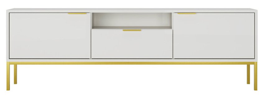 Diargo 175 cm two-door TV cabinet with a drawer and a niche, white on a gold frame