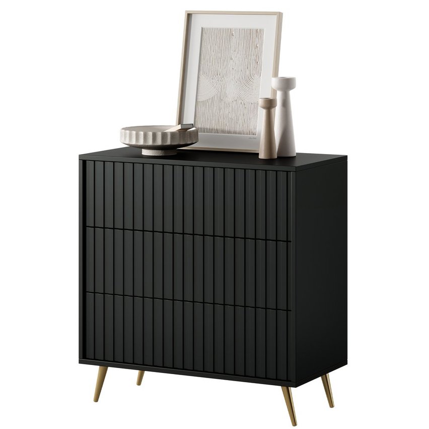 Bello chest of drawers with three drawers, 79 cm, black with gold legs