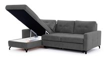 Buriano L-shaped corner sofa bed with storage and adjustable headrest, dark gray, easy-clean fabric, left-hand side