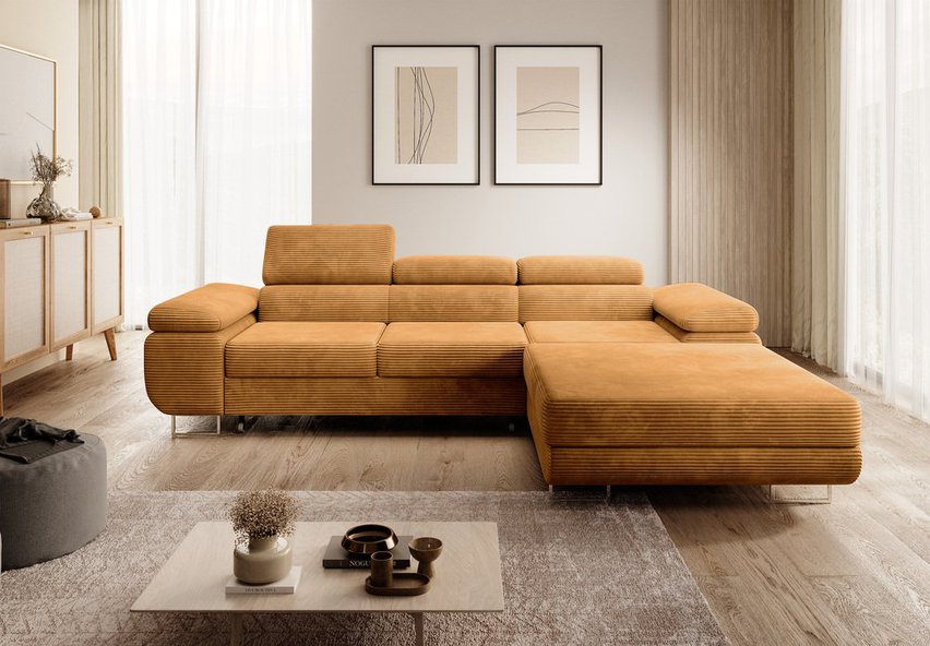 Ganta L-shaped corner sofa with sleeping function with container Poso 01 right-hand corduroy