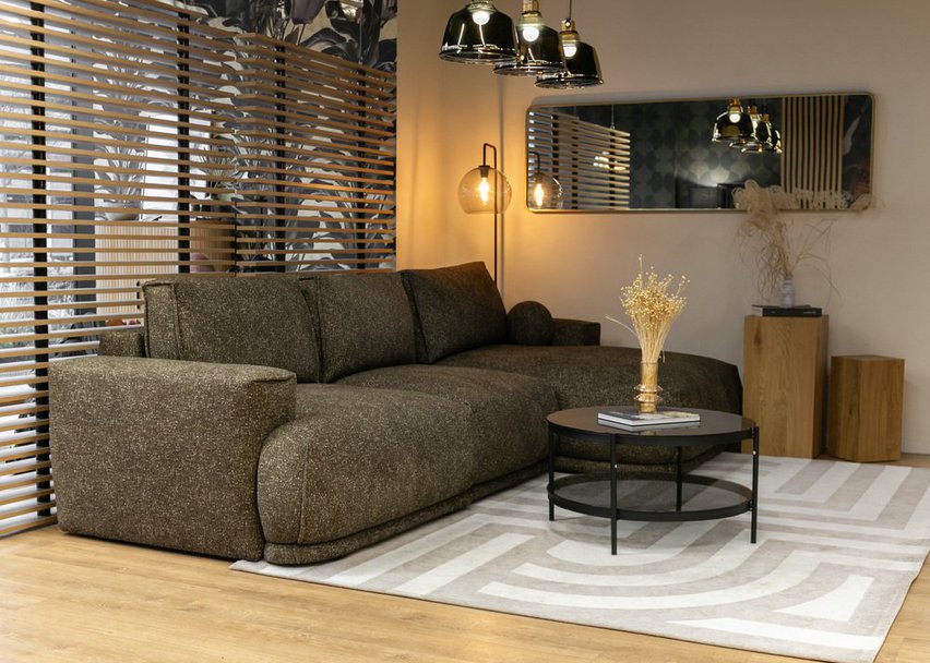 Divo L-shaped corner sofa with sleeping function with a container, olive, hydrophobic braid, right-hand