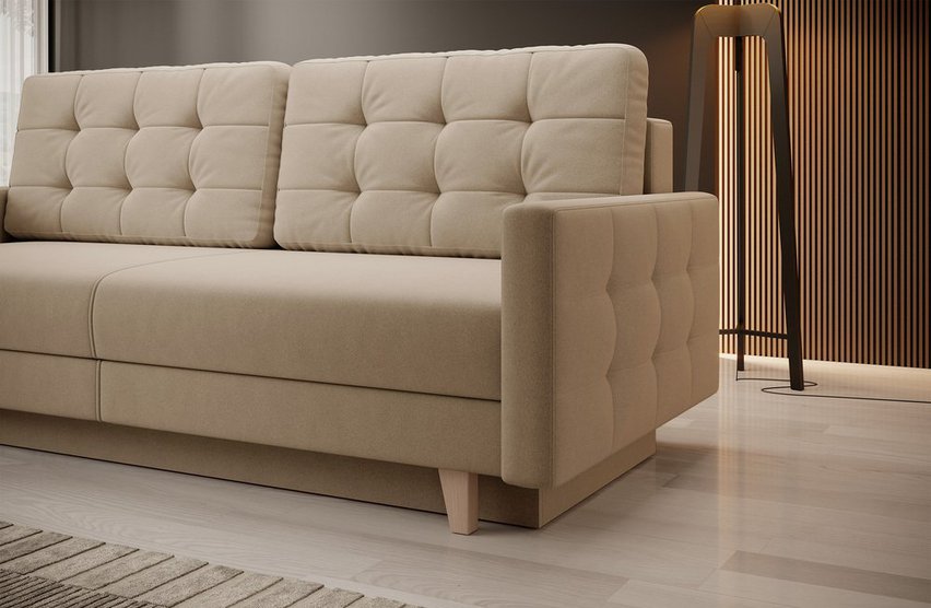 Verat three-seater sofa with storage, beige velvet, easy to clean