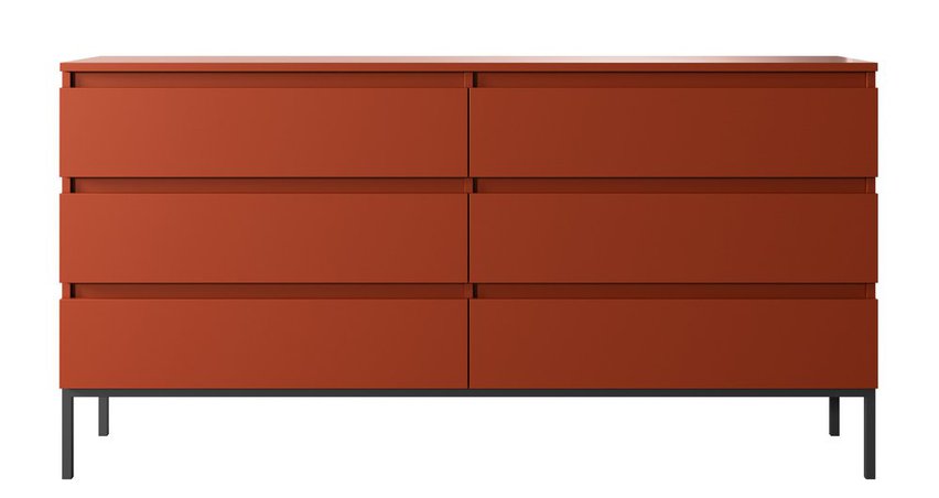 Bemmi six-drawer chest of drawers, brick, with black legs