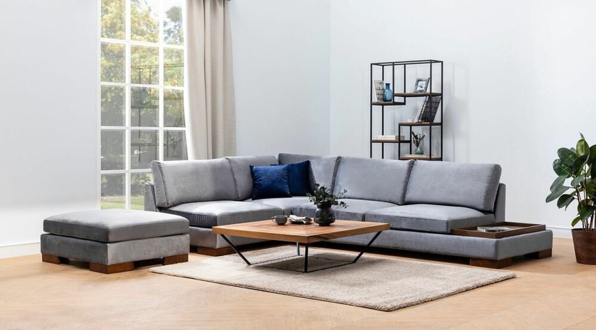 Kouter L-shaped grey corner sofa with left-hand pouf