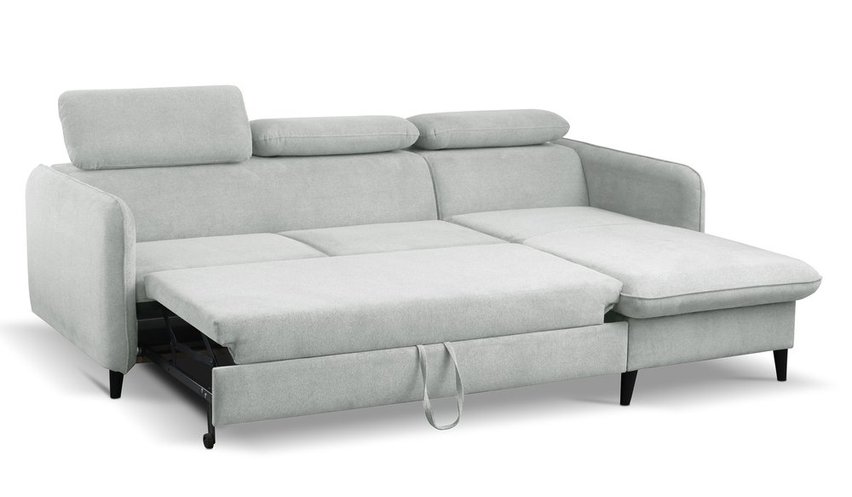 Corner sofa with sleeping function Drene Sally 07 with a container in a hydrophobic fabric, velvet legs, black, right-hand side