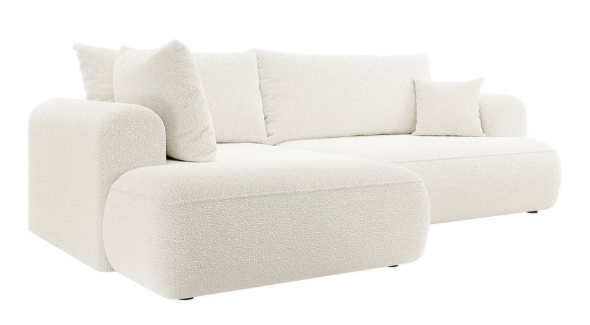 Ovo II L-shaped corner sofa with sleeping function Abriamo 04 with side panel and left-sided boucle container