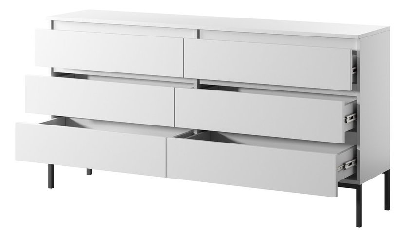 Bemmi white six-drawer chest of drawers with black legs