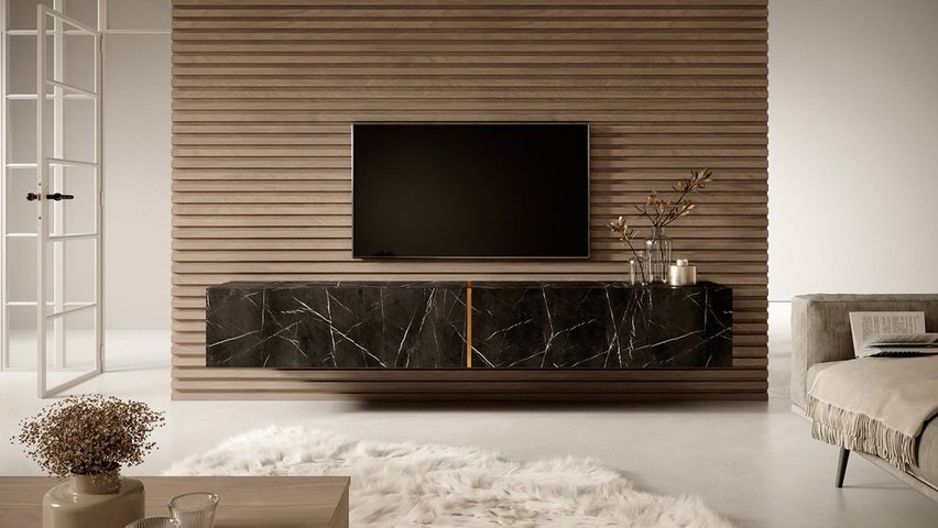 Bisira TV cabinet, 200 cm, black marble with gold insert