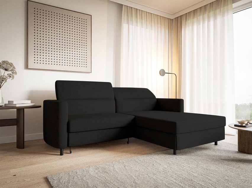 Busu Moly 99 corner sofa with sleeping function with a container, black legs, right-handed