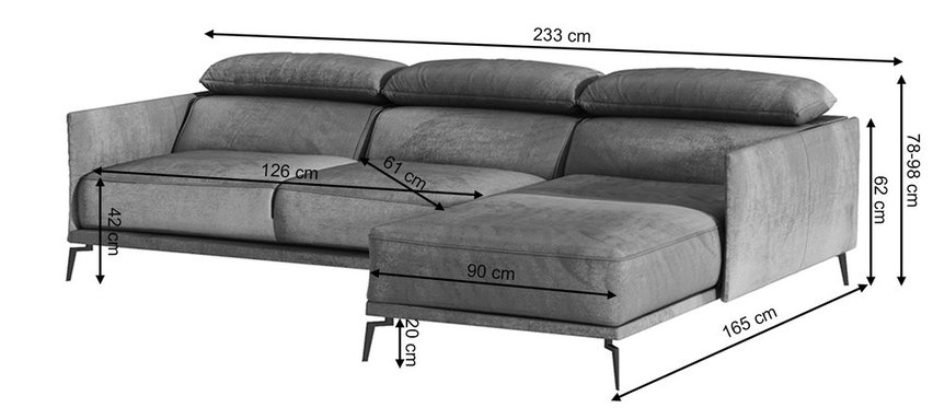 Ryenne grey corner sofa in hydrophobic fabric on black legs (Fabric: Monolith 84, Side: Left)