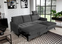 Corner sofa with sleeping function Casotti L-shaped with container and adjustable headrest dark gray in easy-clean fabric right-hand side