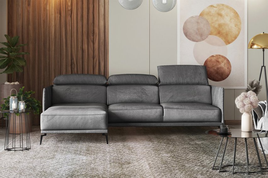 Ryenne grey corner sofa in hydrophobic fabric on black legs (Fabric: Monolith 84, Side: Left)