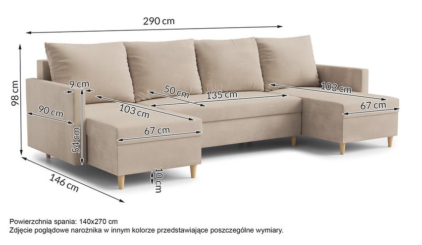 Corner sofa with sleeping function Lengtor U-shaped with container universal Paros 03 velour