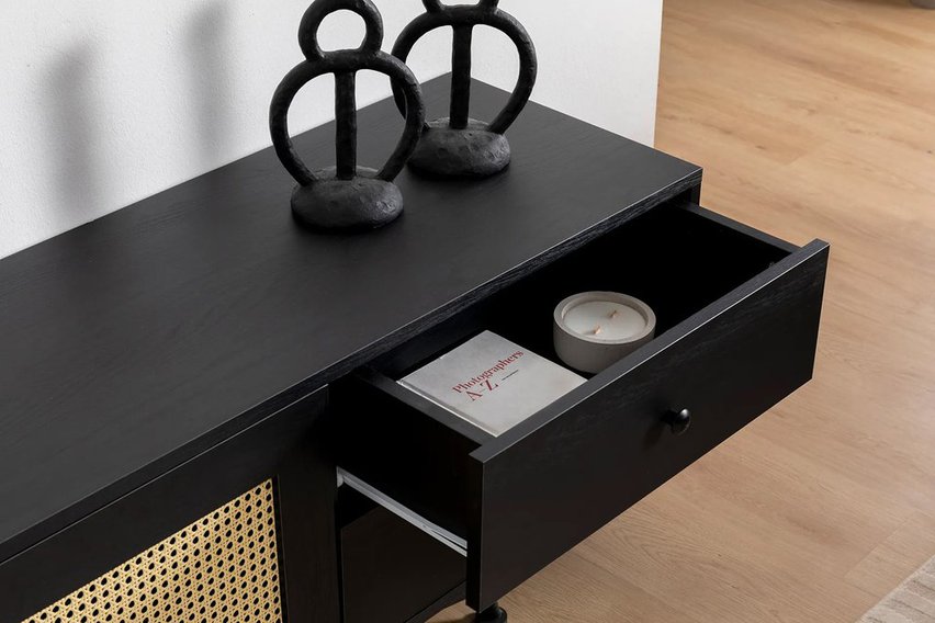 Crattale TV cabinet 180 cm with rattan front, black