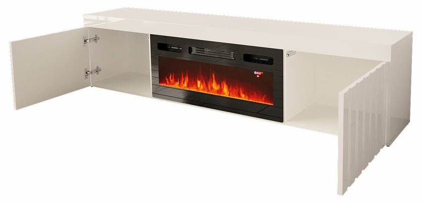 Kalva TV cabinet 180 cm with electric fireplace, white gloss, lamellas