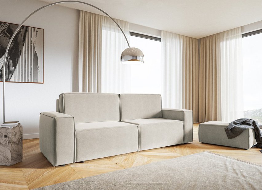 Copertino three-seater sofa bed, light beige, hydrophobic velvet