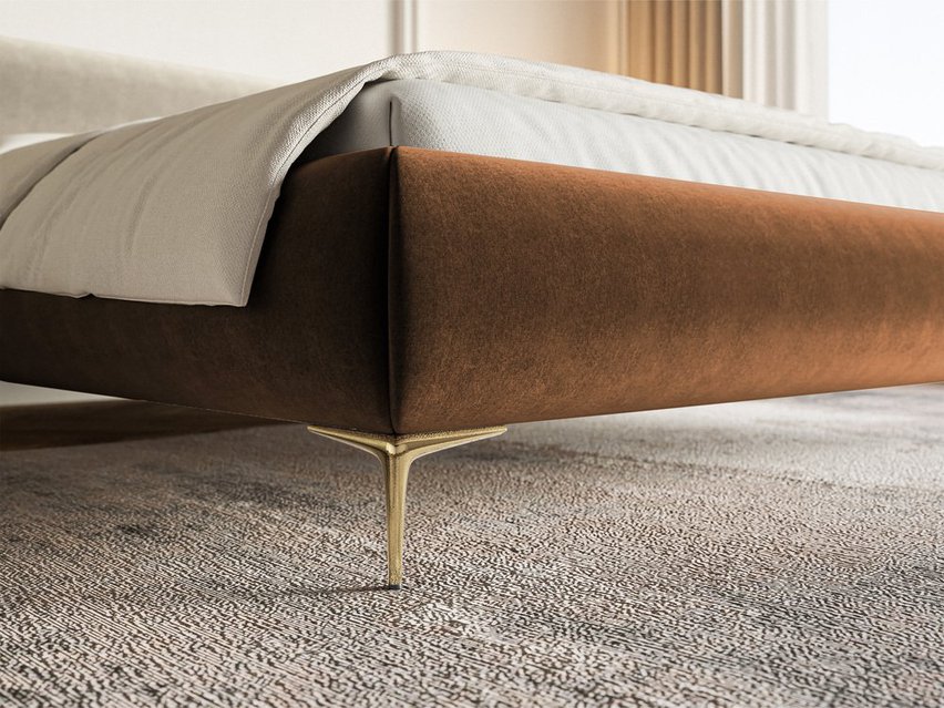 Upholstered bed 160x200 cm Roule with storage, metal frame Amon 24, hydrophobic velor, gold legs