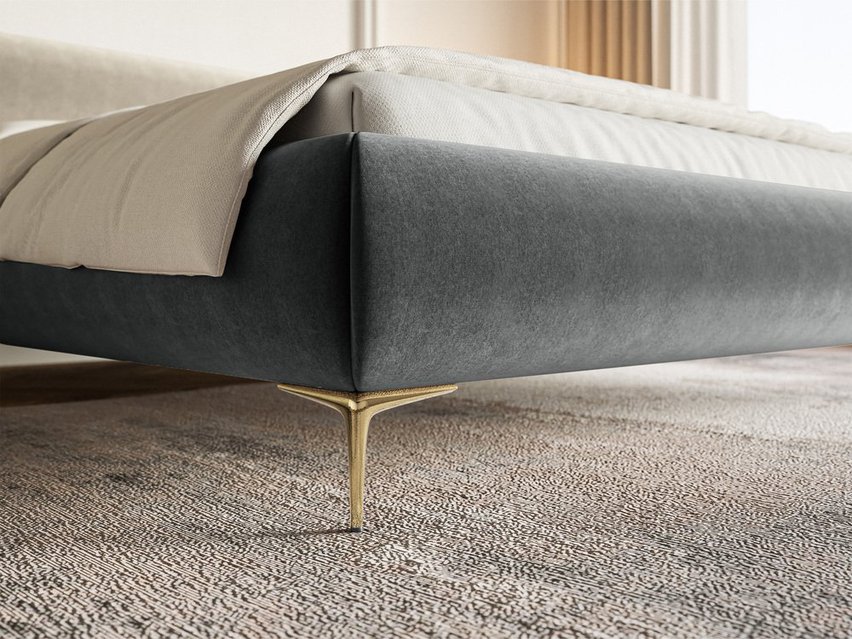 Upholstered bed 140x200 cm Roule with storage, metal frame Amon 11, hydrophobic velor, gold legs