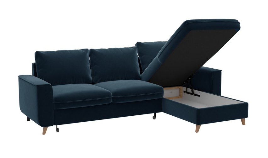 Almirante L-shaped corner sofa with sleeping function with storage, universal, navy blue, hydrophobic velvet