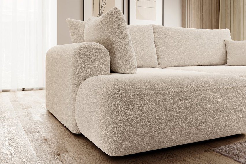 Ovo II L-shaped corner sofa with sleeping function Abriamo 03 with side panel and left-sided boucle container