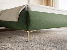 Upholstered bed 140x200 cm Ovalle with storage, metal frame, olive green, hydrophobic braid, gold legs