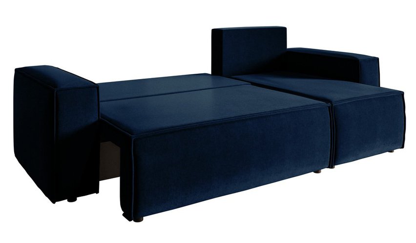 Copertino L-shaped corner sofa with sleeping function with storage, universal, navy blue, hydrophobic velvet