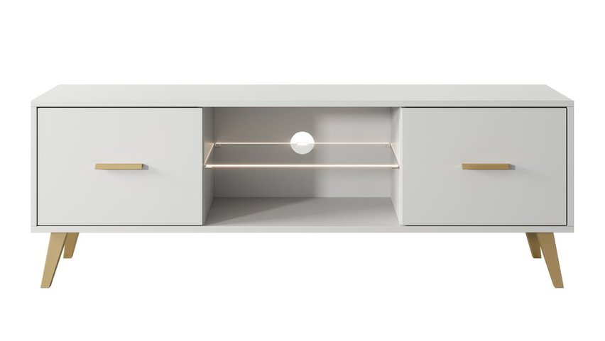 Savoni I TV cabinet, 140 cm, white with gold legs and handles