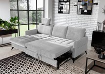 Corner sofa with sleeping function Casotti L-shaped with container and adjustable headrest, gray in easy-clean fabric, left-hand side