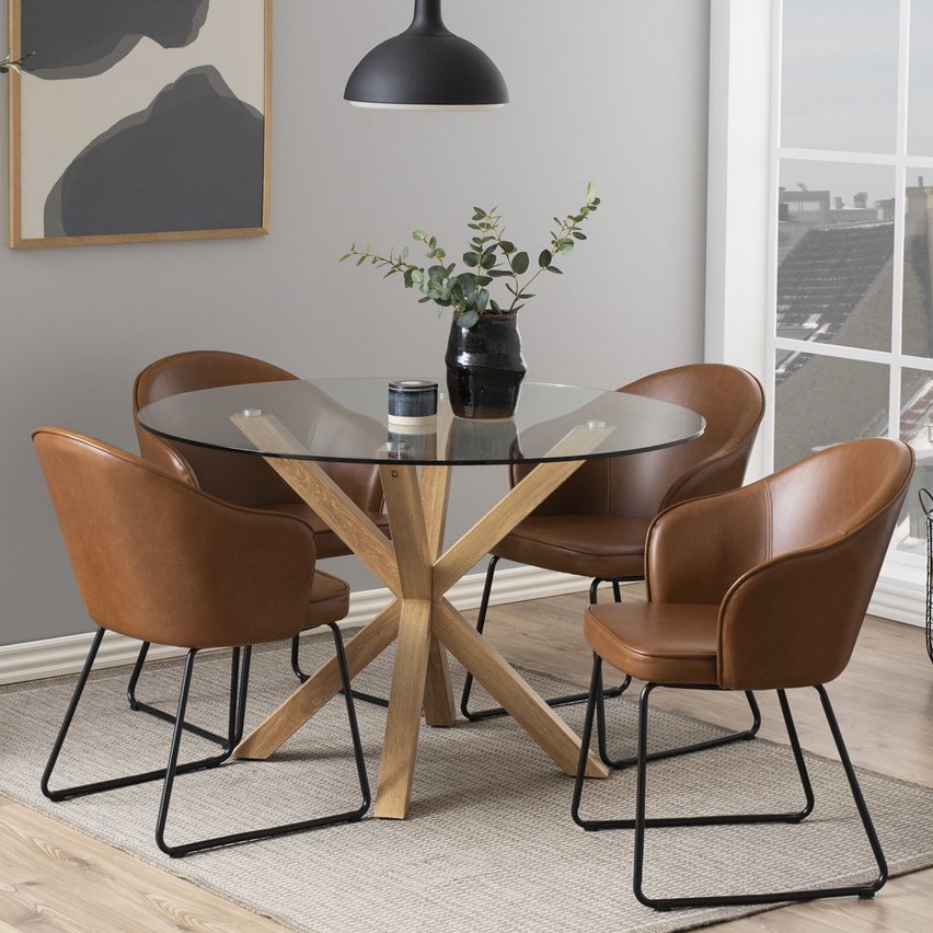 Kardema round dining table, diameter 119 cm, glass, on an oak base