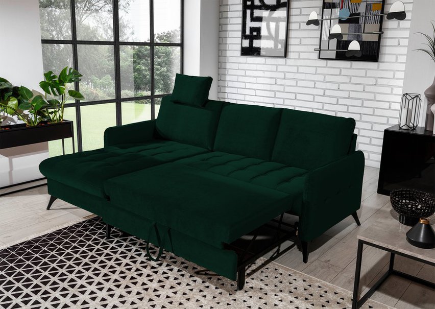 Corner sofa with sleeping function Casotti L-shaped with container and adjustable headrest dark green hydrophobic velvet left side