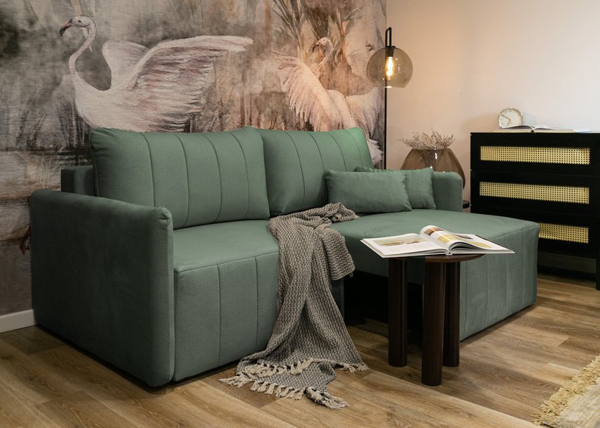 Pierre fold-out corner sofa with storage, light green, water-repellent velvet