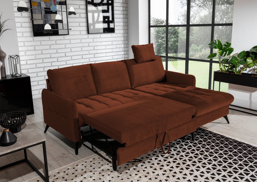 Corner sofa with sleeping function Casotti L-shaped with container and adjustable headrest, red velvet, hydrophobic, right-hand side