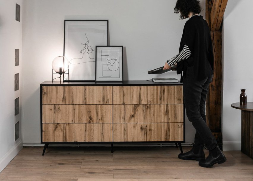 Bello six-drawer chest of drawers, wotan oak, with black legs