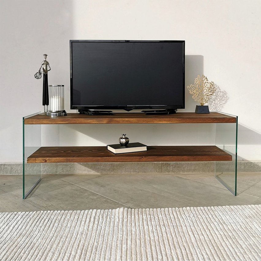 Tevost TV cabinet, glass, with wooden shelves, 120 cm