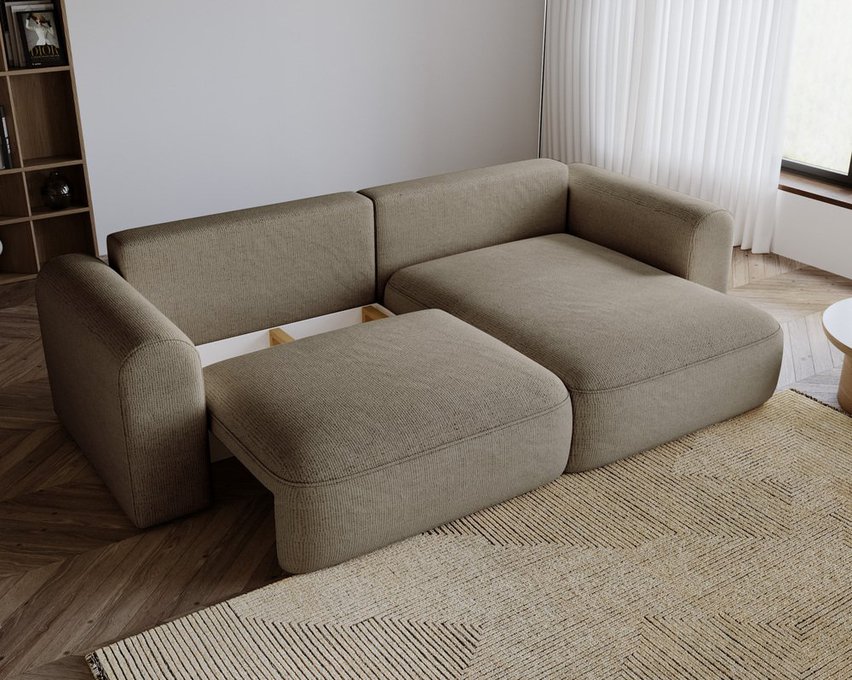 Sollano L-shaped corner sofa with sleeping function with a container, universal beige chenille