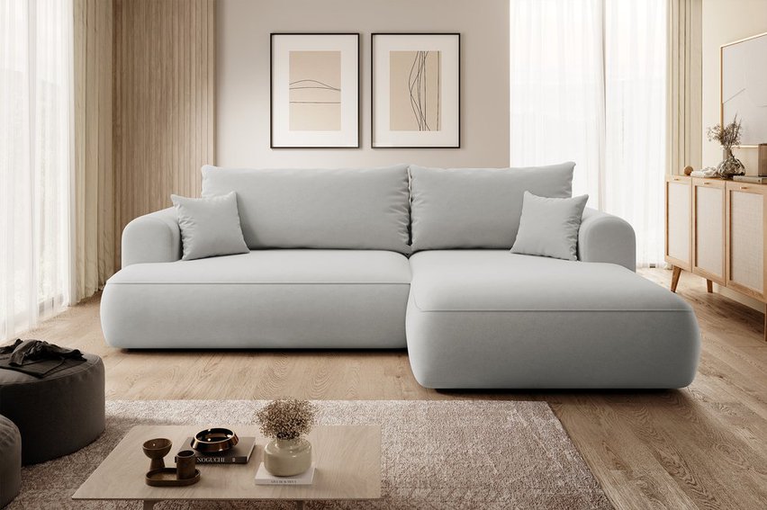 Ovo L-shaped corner sofa with sleeping function with a container in easy-to-clean fabric