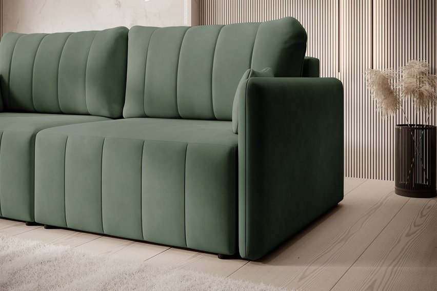 Pierre fold-out corner sofa with storage, light green, water-repellent velvet