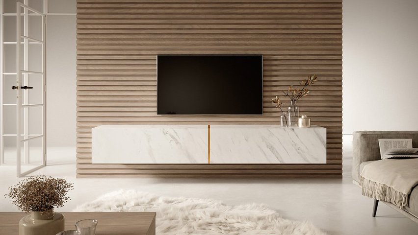 Bisira TV cabinet, 200 cm, white marble with gold insert