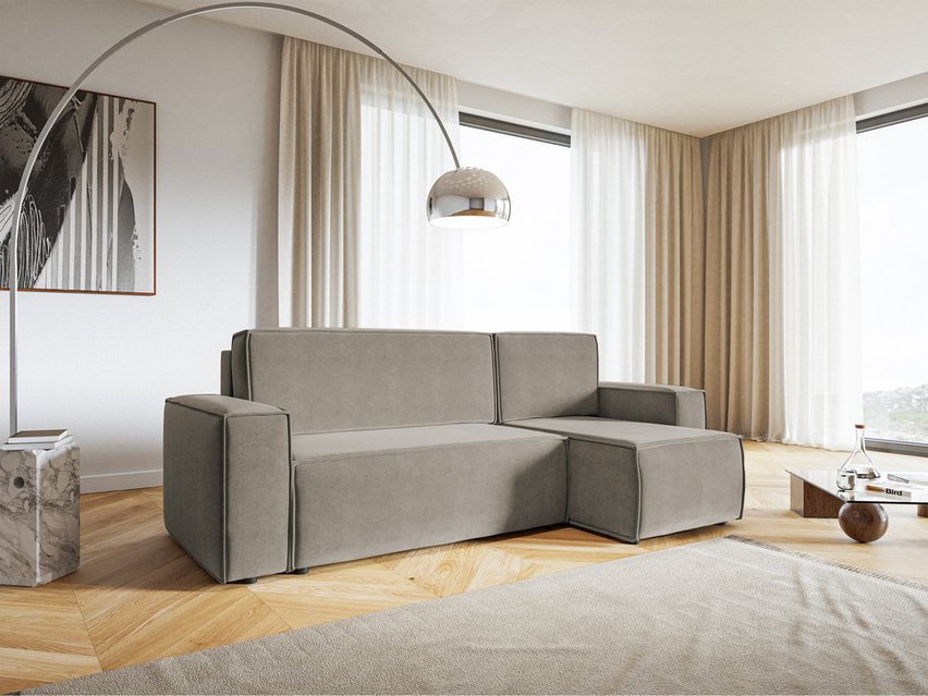 Copertino L-shaped corner sofa with sleeping function with storage, universal, gray-beige, hydrophobic velvet