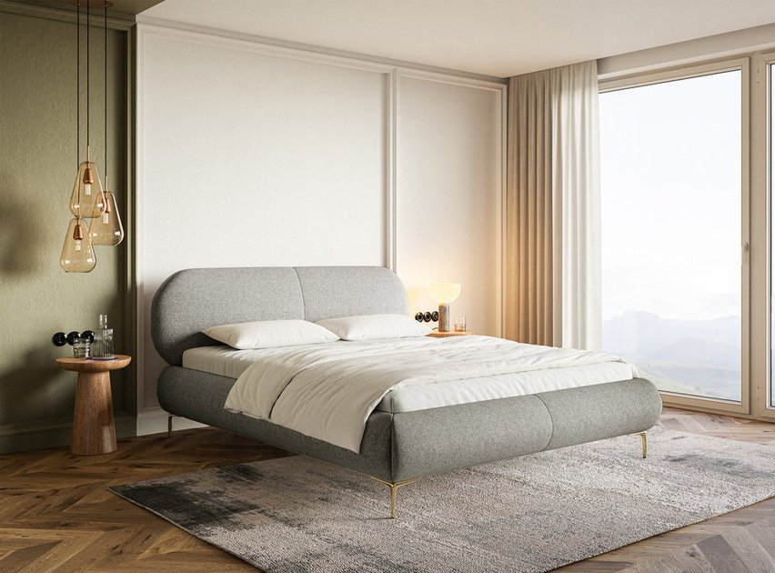 Upholstered bed 180x200 cm Ovalle with storage, gray metal frame, hydrophobic braid, gold legs