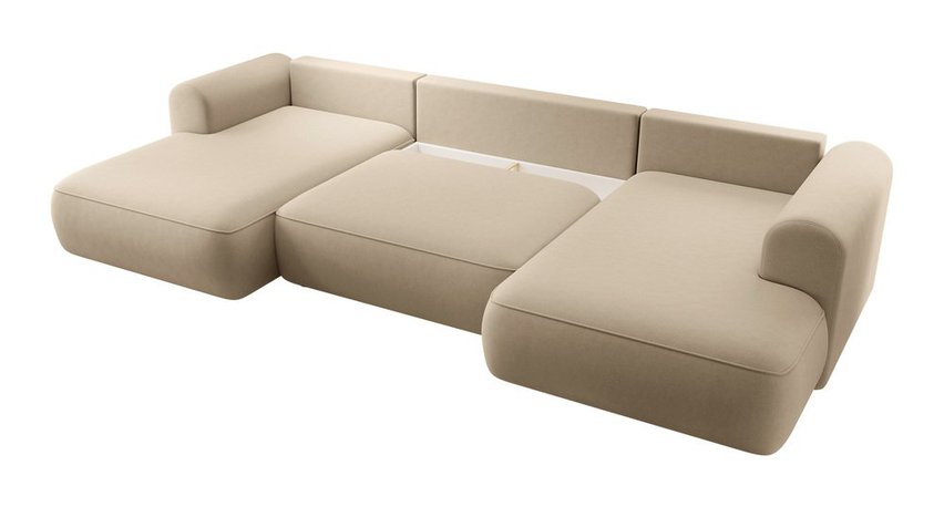 Ovo U-shaped corner sofa with sleeping function with Castel 15 container, easy-to-clean velvet, right-hand