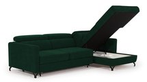 Monarda L-shaped corner sofa with sleeping function with container and adjustable headrests, dark green hydrophobic velvet, right-hand side