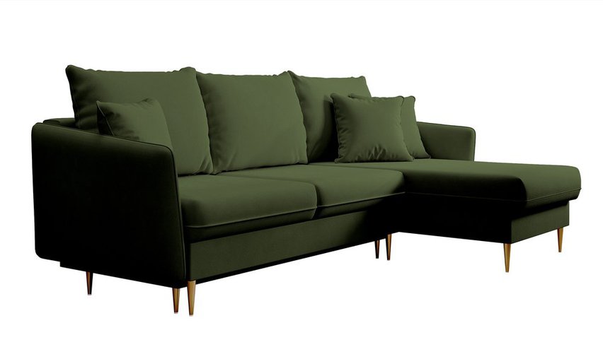 Volio velvet corner sofa with sleeping function, hydrophobic, golden legs