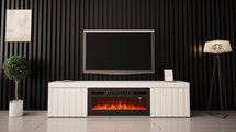 Kalva TV cabinet 180 cm with electric fireplace, white gloss, lamellas